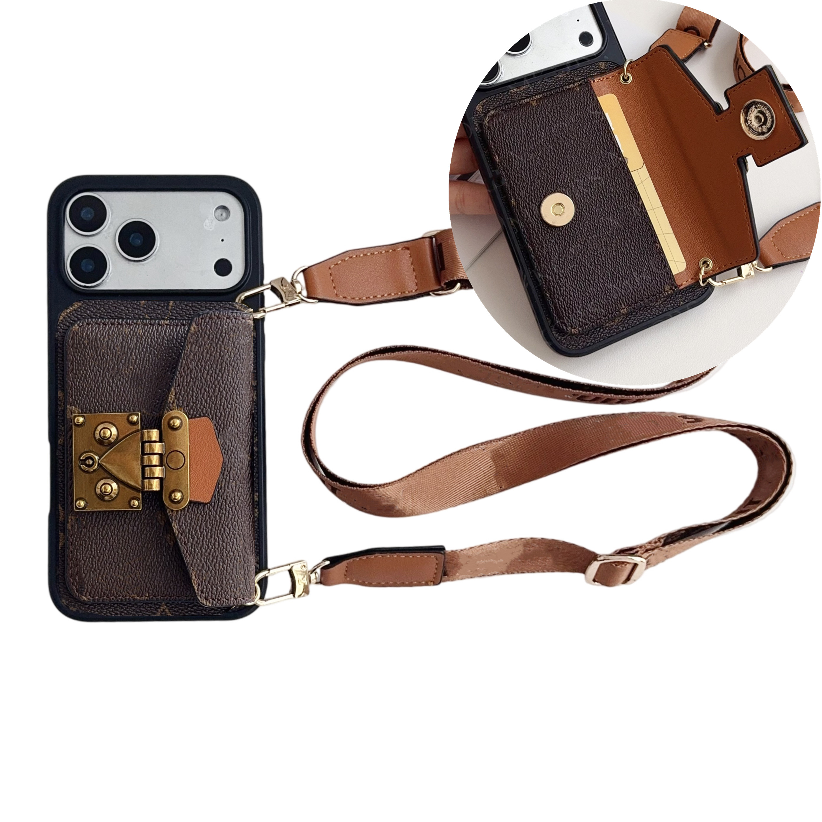 Wallet Crossbody Phone Case Designer iPhone Case for iPhone 17 Pro Max 16 Pro Max 15 14 12 13 11 16 Plus Case Samsung s26 Ultra S25 S24 s23 s22 Case Card Holder Chain Strap