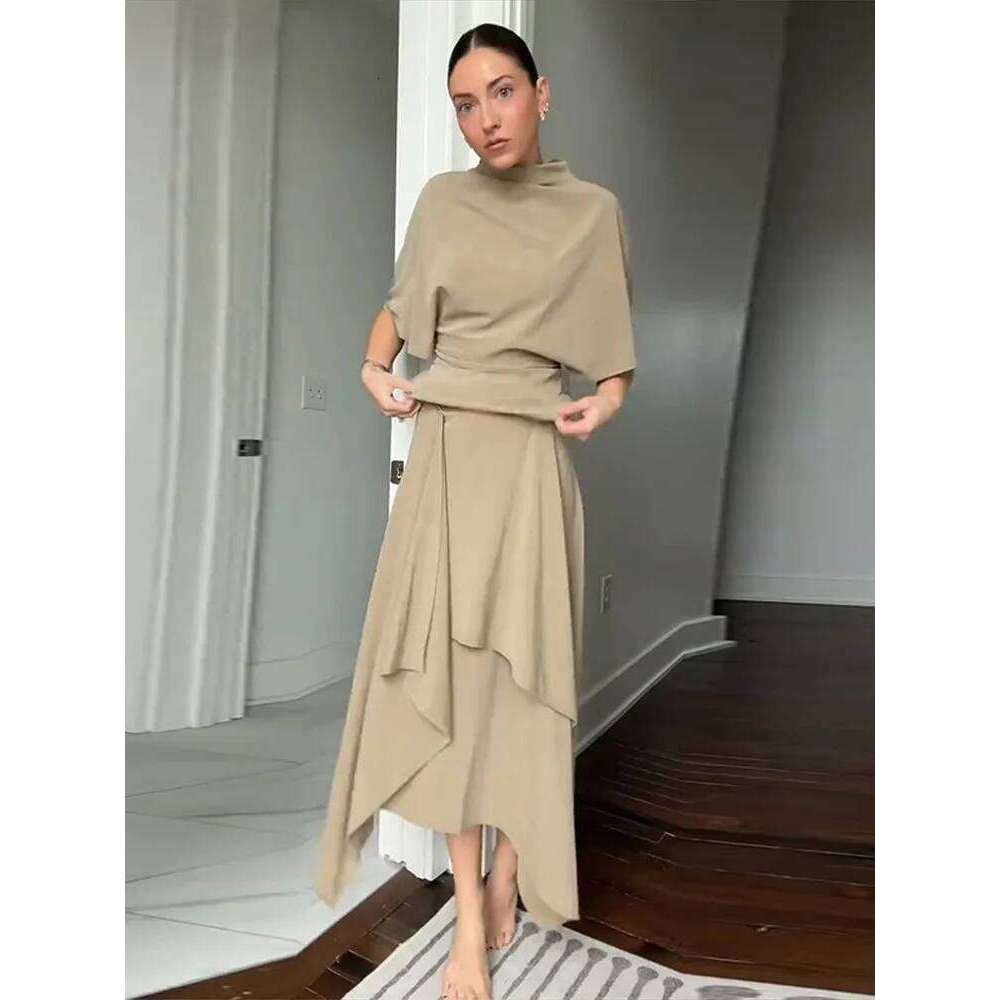 Elegant Irregular Hem Skirt Set Women Half Sleeve High Collar Slim Top Loose Long Skirts Spring Casual Chic Lady Outfits MAKOUFEI