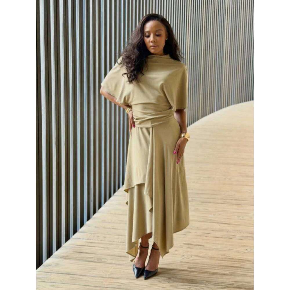 Elegant Irregular Hem Skirt Set Women Half Sleeve High Collar Slim Top Loose Long Skirts Spring Casual Chic Lady Outfits MAKOUFEI