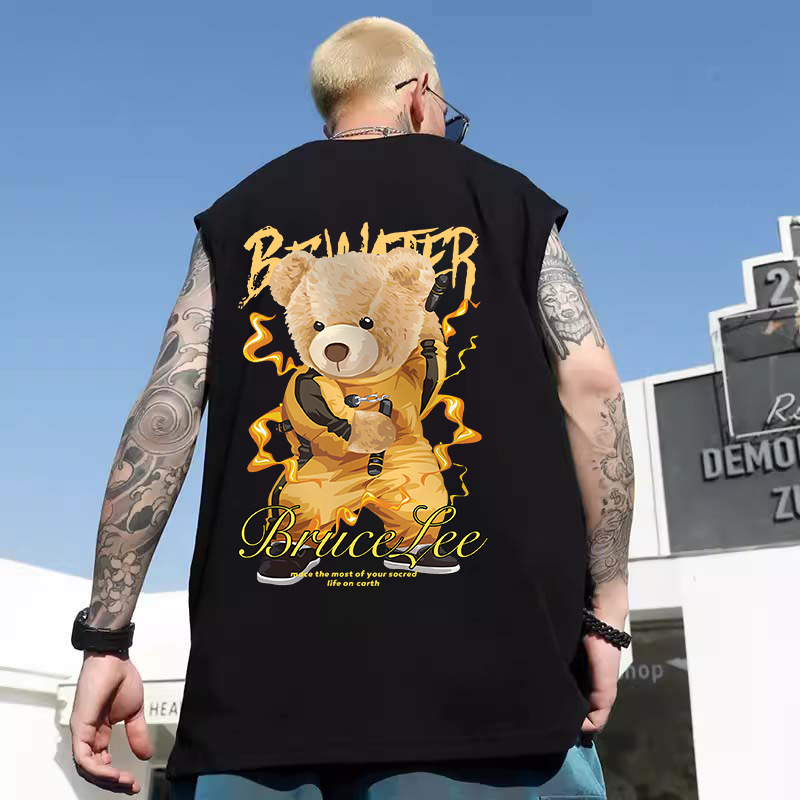 Summer Men's American Streetwear Cartoon Bear Print Cotton Tank Tops | Trendy INS Loose Sleeveless Tees