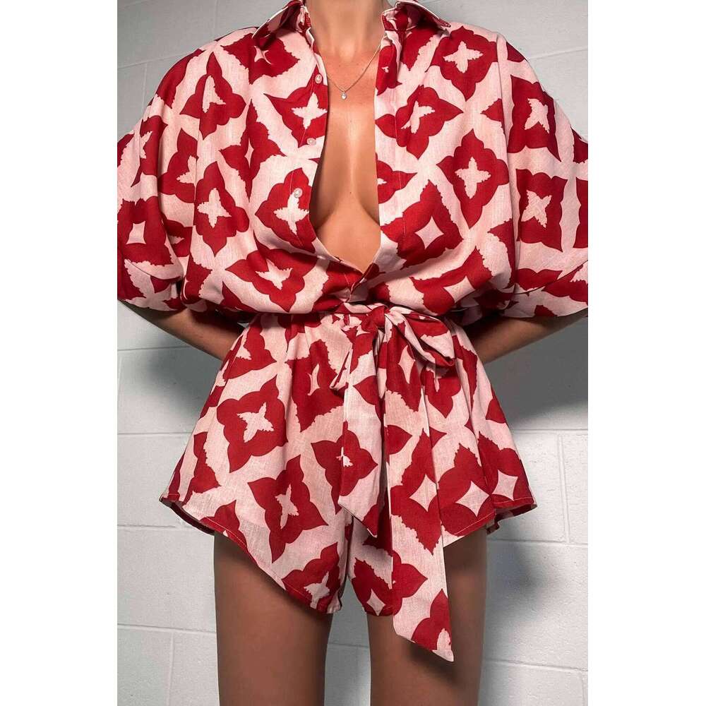 New Autumn Women casual Strap Jumpsuit Red Print Bow Tie Turndown Collar Loose Bodysuit Sexy Outfits Streetwear MAKOUFEI