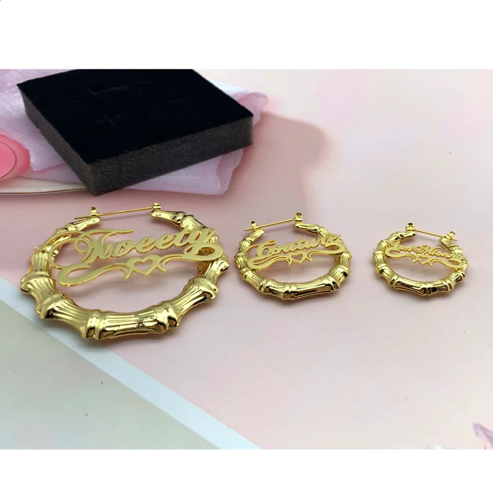 Bohemian Gold Bamboo Hoop Earrings, Personalized Name Engraving Custom Hoops for Beach Wear