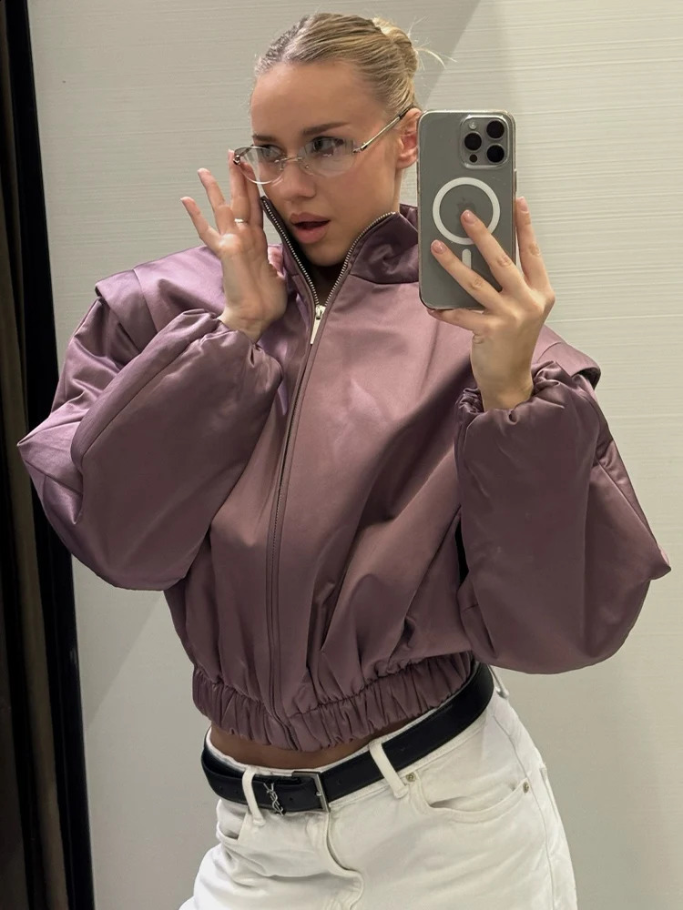 SLTNX Fashion Satin Bomber Jacket Women Mauve Puff Sleeve Cropped Zip Up Casual Outerwear 2026 Spring Lady Chic Street Coats 260414