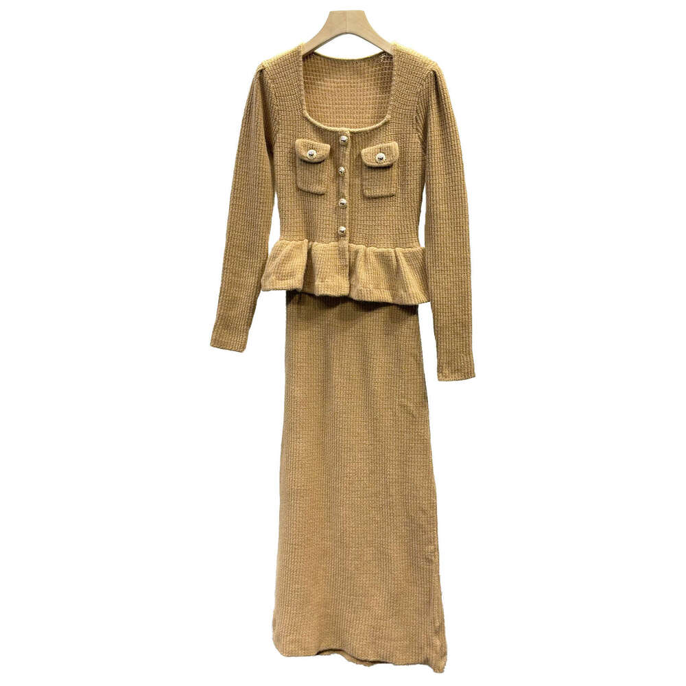 2026 Spring k30 New Women's French Style Light Luxury Square Neck Long Sleeve Slim Fit Faux Two-Piece Knit Dress