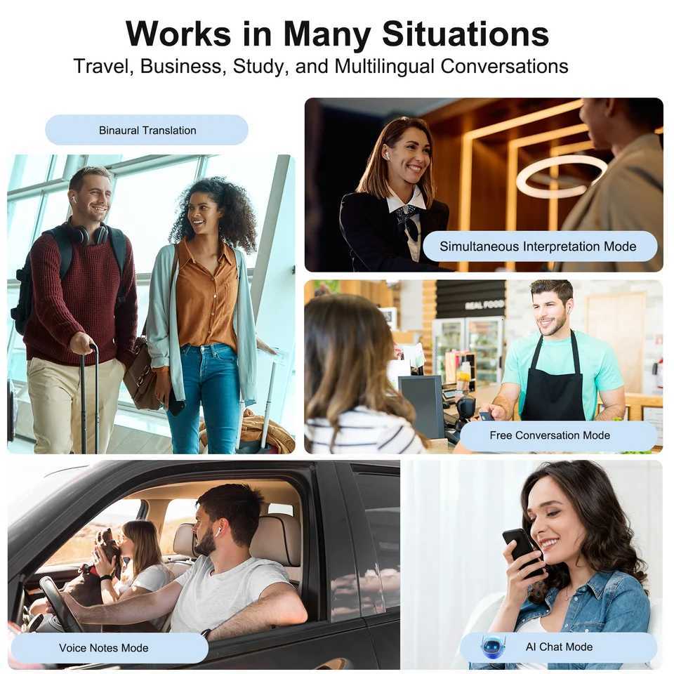 Real Time Translators Headphones Wireless Earphones Noise Canceling IPX7 Waterproof Smart Touch Control Kids Women Men Earbuds H260414