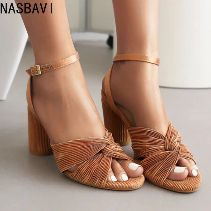 NASBAVI Straps Womens Sandals Summer Shoes y Peep Toe Flip Flops Round High Heels Gold Party Dance Wedding Ladies 260414