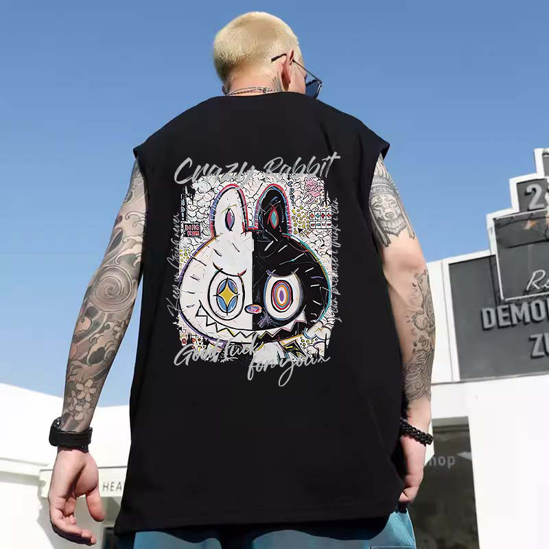 2026 Summer Men's Hong Kong Style Printed Tank Tops | Trendy Oversized Crew Neck Athletic Sleeveless Tees for Students