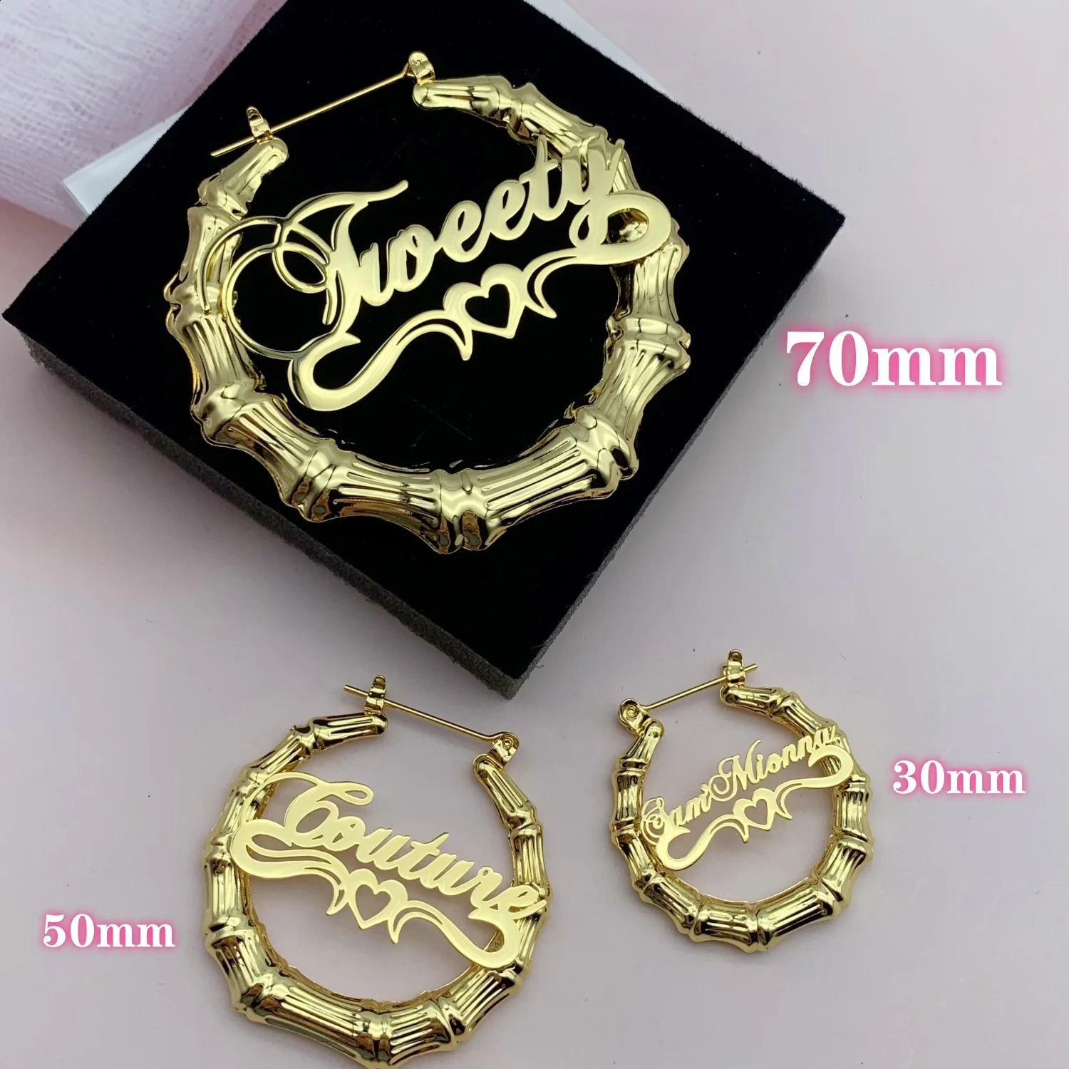 Bohemian Gold Bamboo Hoop Earrings, Personalized Name Engraving Custom Hoops for Beach Wear