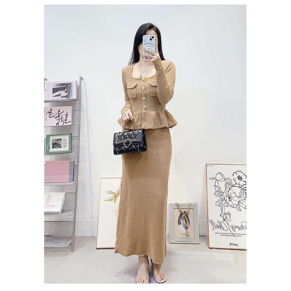 2026 Spring k30 New Women's French Style Light Luxury Square Neck Long Sleeve Slim Fit Faux Two-Piece Knit Dress
