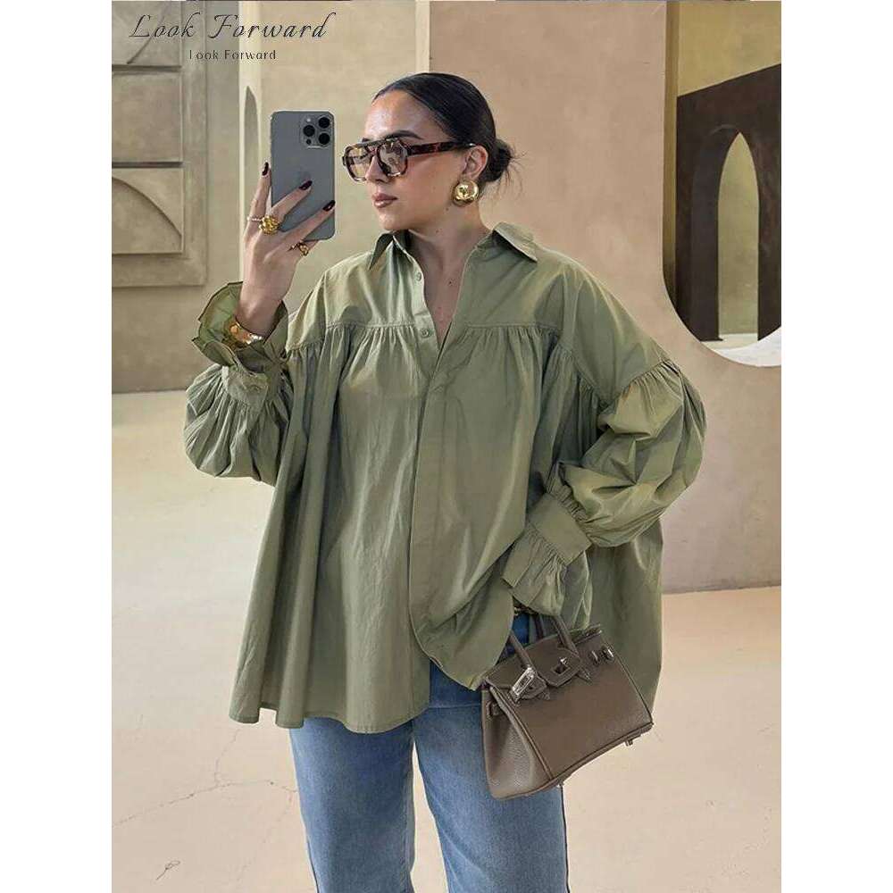 Casual Women Loose Lantern Sleeve Buttons Turn Down Collar Pleated Blouse Lady Spring Summer Green Shirts Woman All match MAKOUFEI