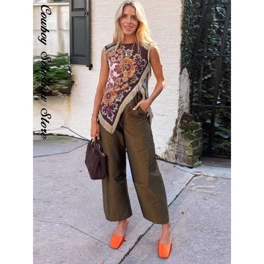Vintage Tassel Printed Irregular Women Sleeveless Round Neck Patchwork Tops Lady New Casual Daily Fashion Summer Clothes MAKOUFEI
