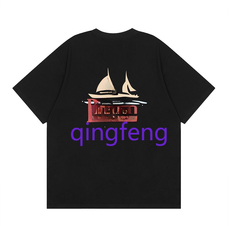 Summer men's trendy white cotton T-shirt with sailboat and coastal patterns, men's street style short sleeved round neck T-shirt