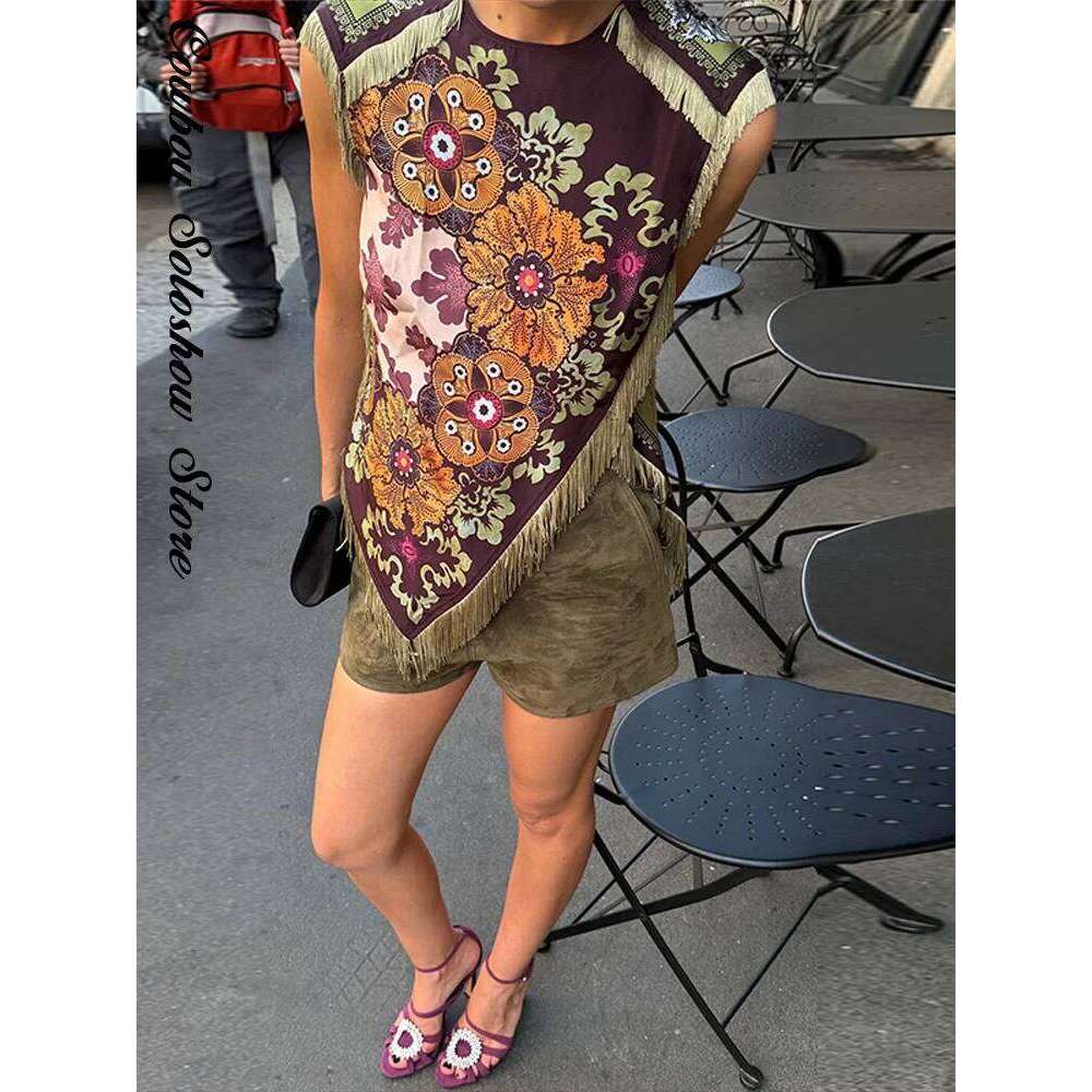 Vintage Tassel Printed Irregular Women Sleeveless Round Neck Patchwork Tops Lady New Casual Daily Fashion Summer Clothes MAKOUFEI