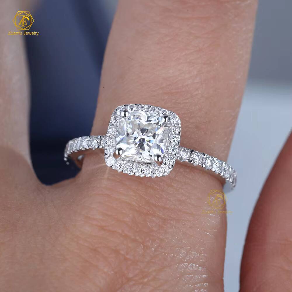ZuanfoJewelry Custom 1CT 6x6mm 925 Sterling Silver Moissanite Solitaire Women Engagement Wedding Ring Halo Ring With Women