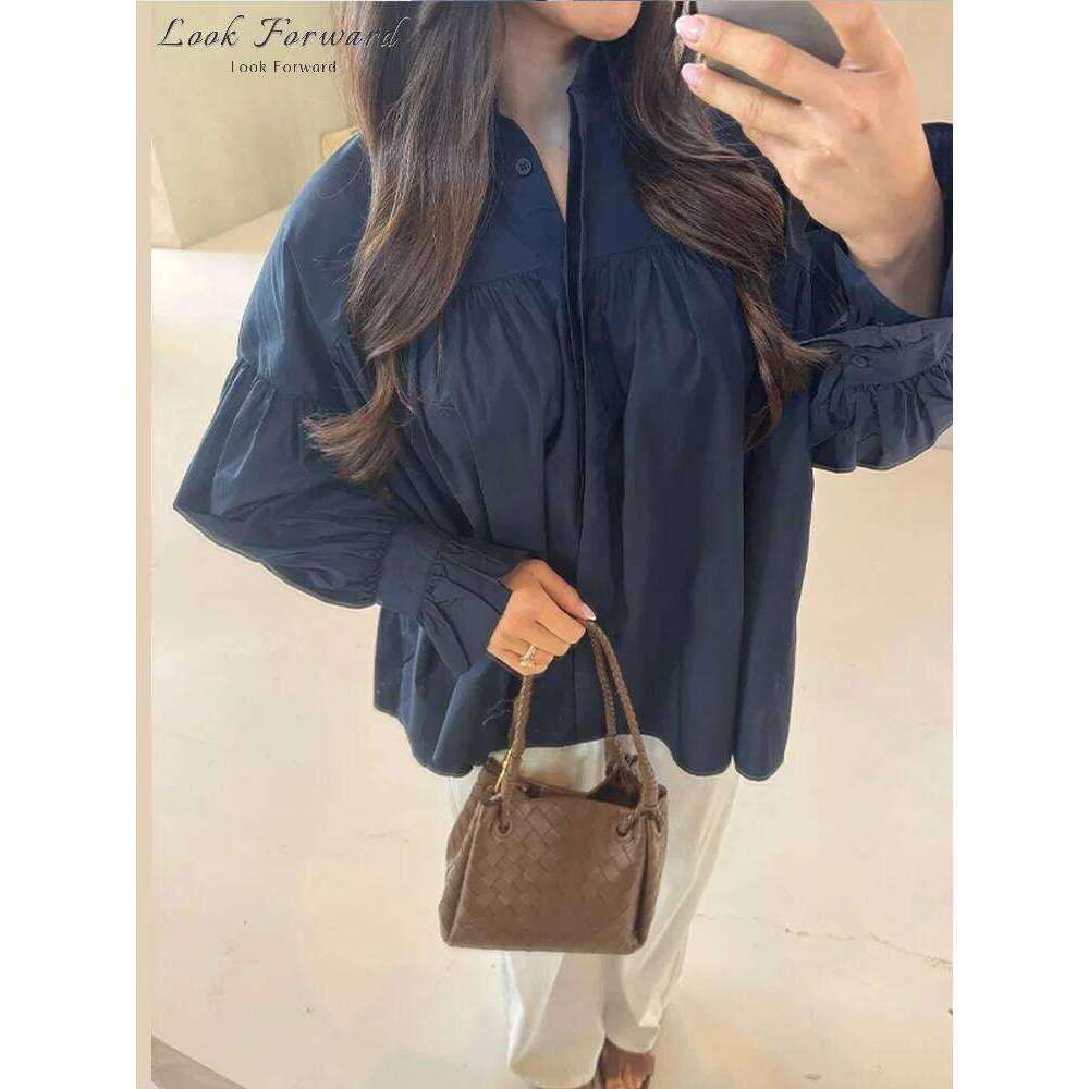 Casual Women Loose Lantern Sleeve Buttons Turn Down Collar Pleated Blouse Lady Spring Summer Green Shirts Woman All match MAKOUFEI