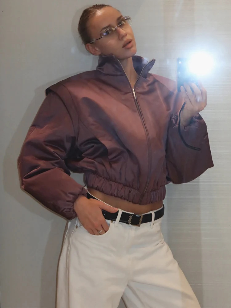 SLTNX Fashion Satin Bomber Jacket Women Mauve Puff Sleeve Cropped Zip Up Casual Outerwear 2026 Spring Lady Chic Street Coats 260414