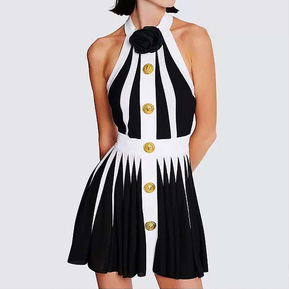 Summer new designer women's sleeveless 3D floral slim knit backless collar dress with k30 back zipper