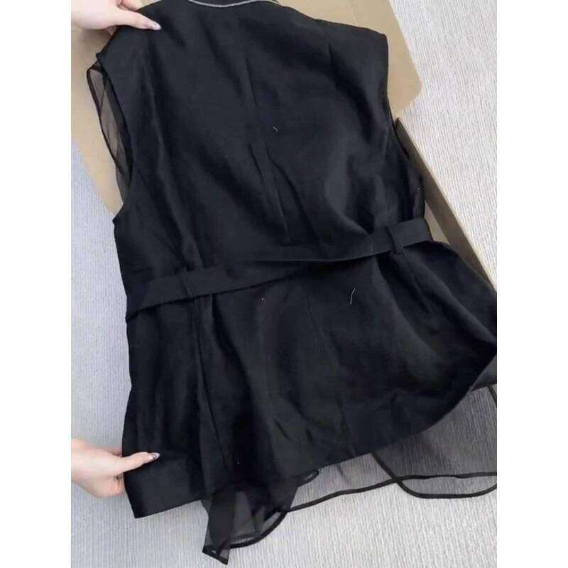 Korean Summer Black Sleeveless Vest Tops for Women V Neck Slim Waist Mesh Patchwork Shirt Elegant Office Casual Waistcoat MAKOUFEI