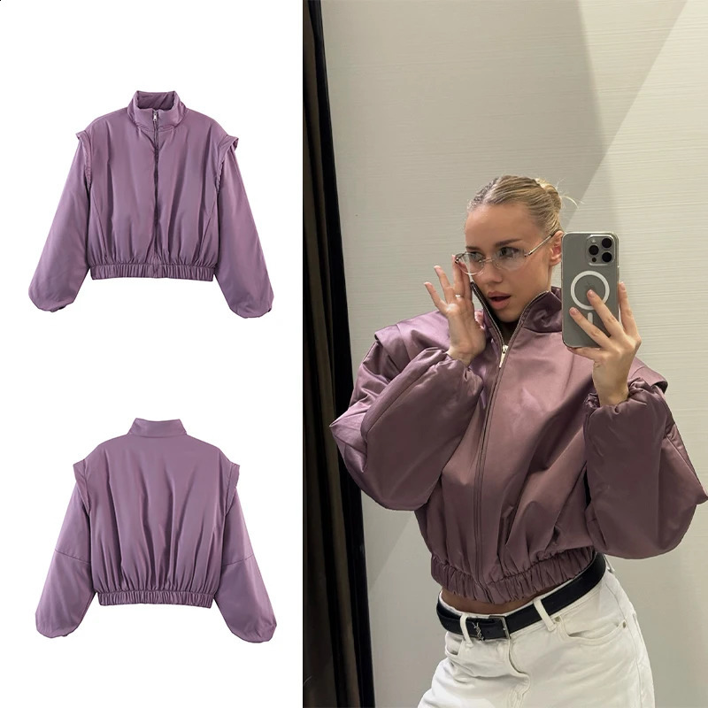 SLTNX Fashion Satin Bomber Jacket Women Mauve Puff Sleeve Cropped Zip Up Casual Outerwear 2026 Spring Lady Chic Street Coats 260414