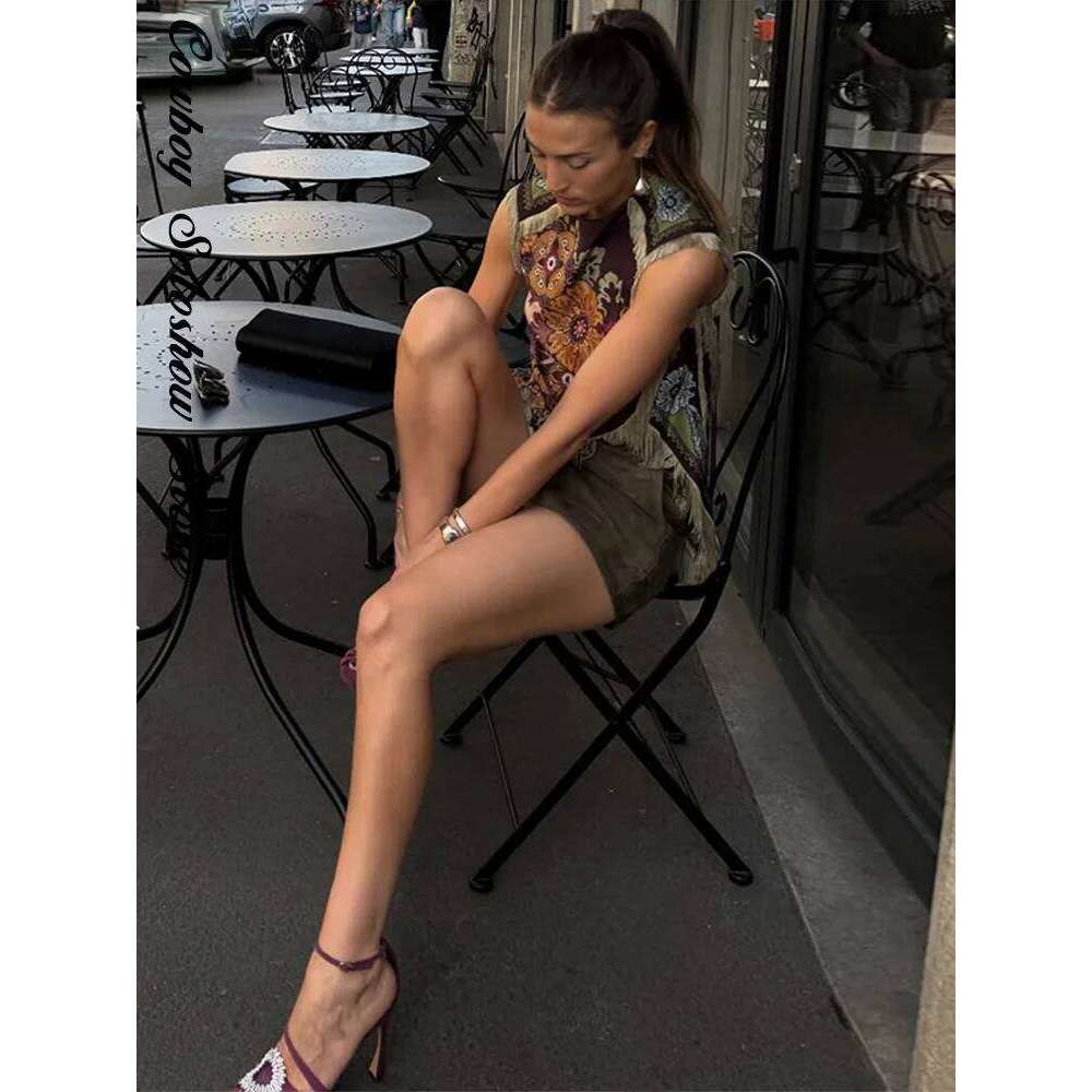 Vintage Tassel Printed Irregular Women Sleeveless Round Neck Patchwork Tops Lady New Casual Daily Fashion Summer Clothes MAKOUFEI