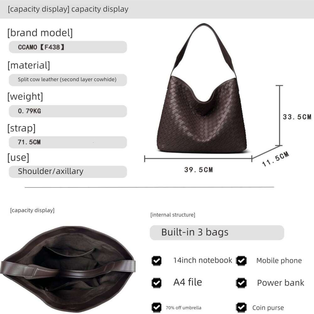 New Genuine Leather Bag Women Large Capacity Handbag Autumn Winter Luxury Fashion Woven Design Commute Shoulder Bag High End Daily Tote Bag SENYY