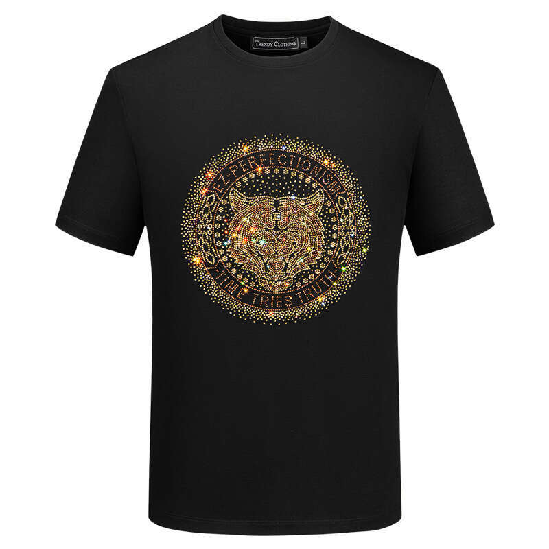 2026 New Rhinestone Tiger Head Men's T-Shirt Summer Trendy Brand Plus Size Casual Short Sleeve For Dad