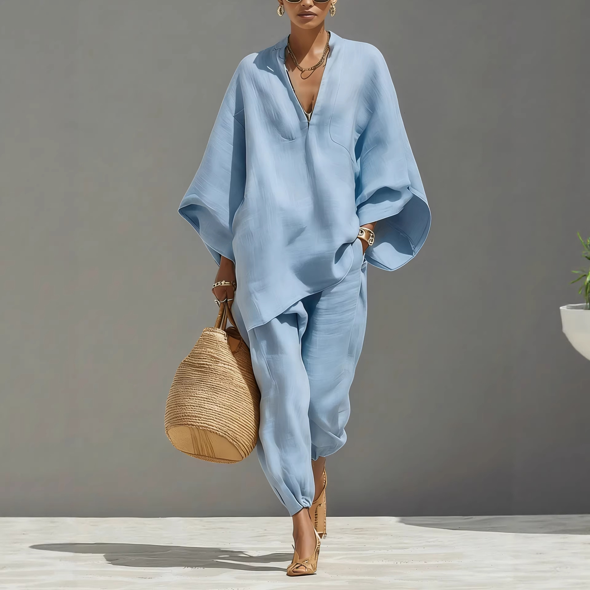 Luxury Brand Designer 2026 Spring Summer Women's Fashion Casual Loungewear Set Batwing Sleeve V-Neck Loose Comfy Beach Outfit Premium Elegant Str