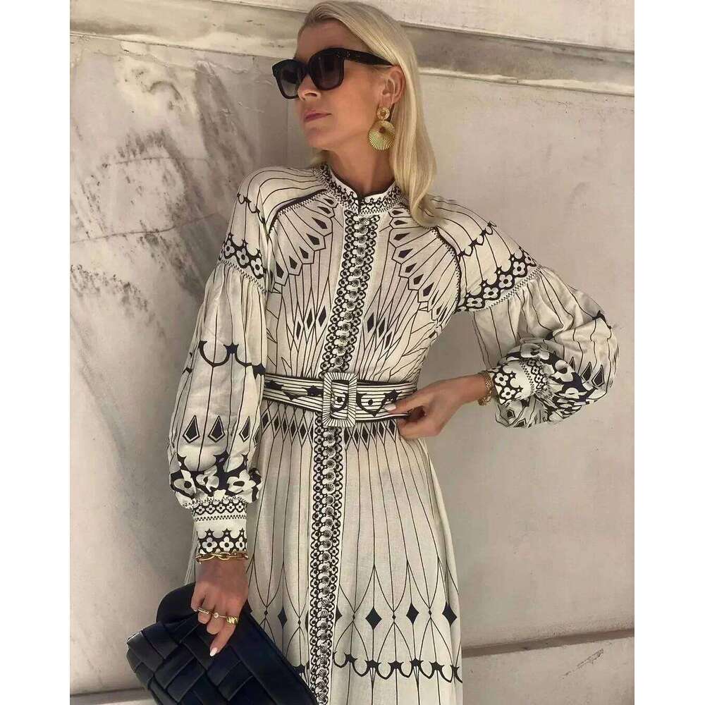 Retro Elegant Stand Collar Women Spring Pattern Print Belted Buckle Party Autumn Long Sleeve A Line Boho Dress MAKOUFEI