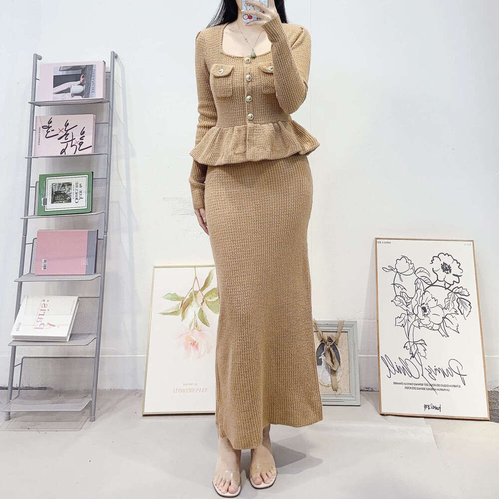 2026 Spring k30 New Women's French Style Light Luxury Square Neck Long Sleeve Slim Fit Faux Two-Piece Knit Dress