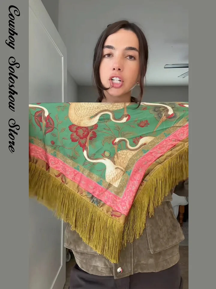 Vintage Printed Tassel Patchwork Square Scarf Women Green Fashion Casual High Street Spring Shawl 2026 260413