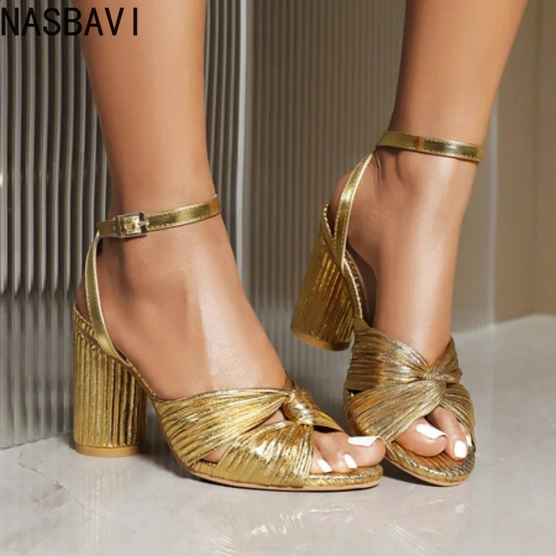 NASBAVI Straps Womens Sandals Summer Shoes y Peep Toe Flip Flops Round High Heels Gold Party Dance Wedding Ladies 260414