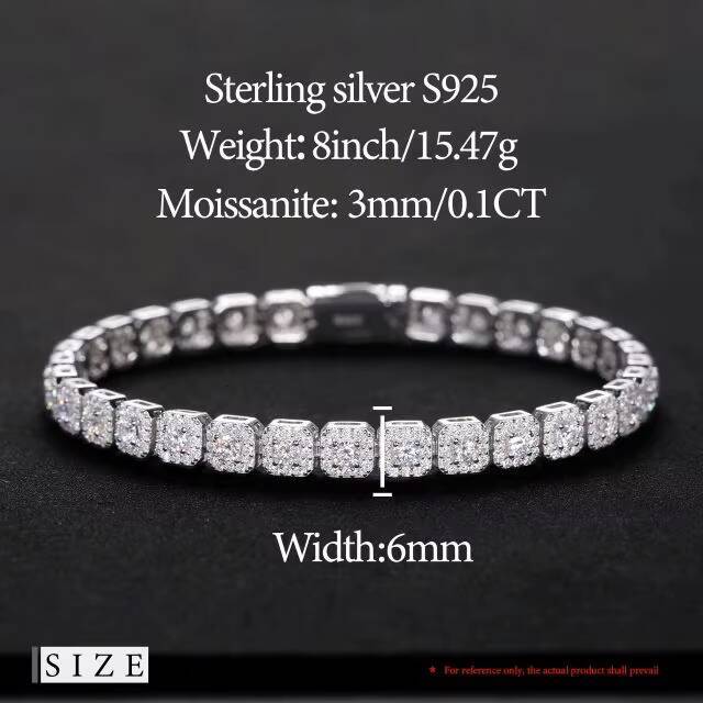 Moissanite Tennis Bracelet Round Brilliant Cut Gold Plated Silver Hip Hop Style Unisex Wedding Jewelry
