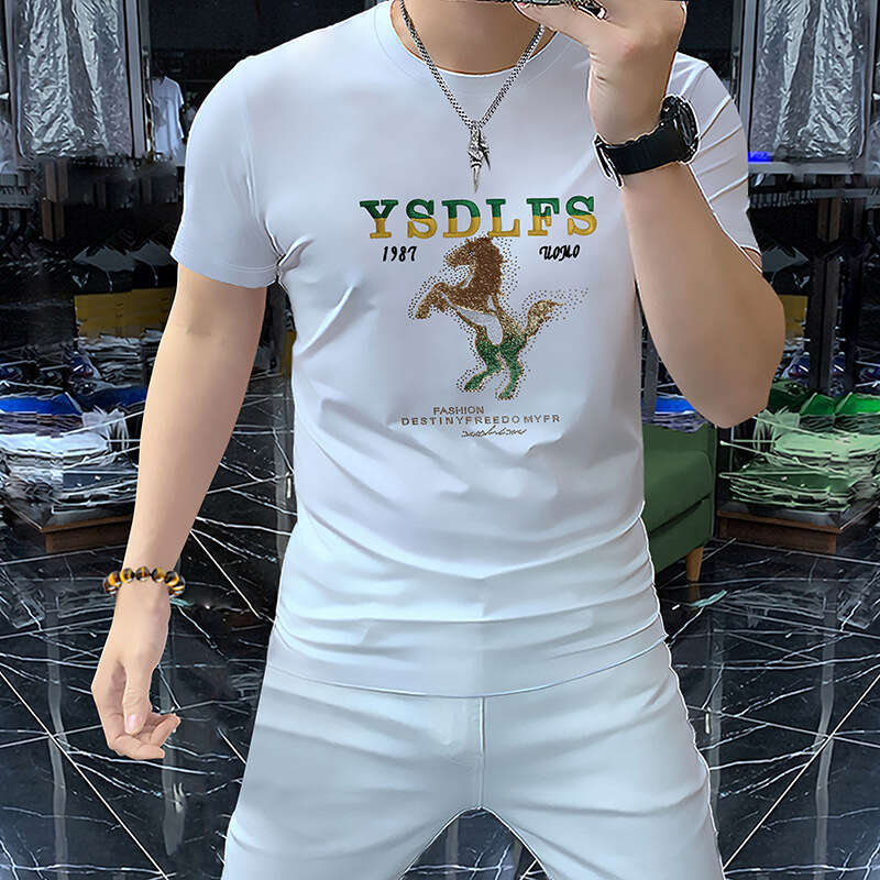 Heavy Industry Trend Embroidery Short Round Neck Shirt Mercerized Cotton Men's Half Sleeve Comfortable Breathable Summer New T-Shirt