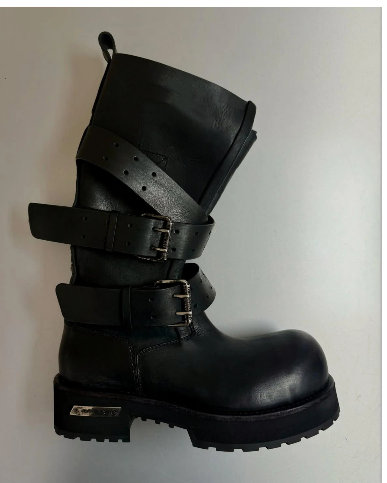 Modern Vintage Big Round Toe Height Increasing Boots Mens Belt Buckle Street Style Mid-Calf Boot Platform Motorcycle Boots 260413