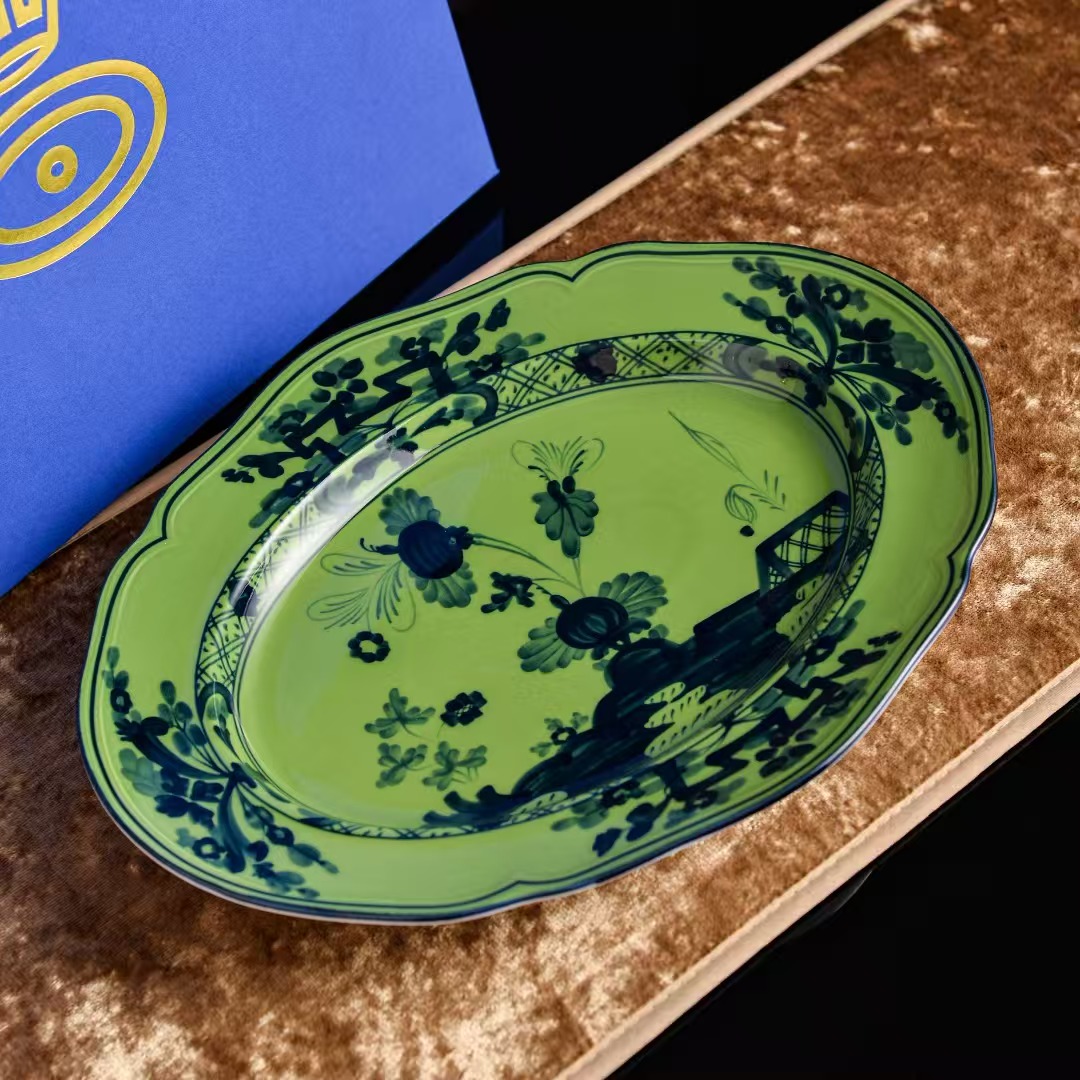 Luxury Green Blue Floral Print Oval Ceramic Platter Porcelain Serving Dish Tableware Home Decor