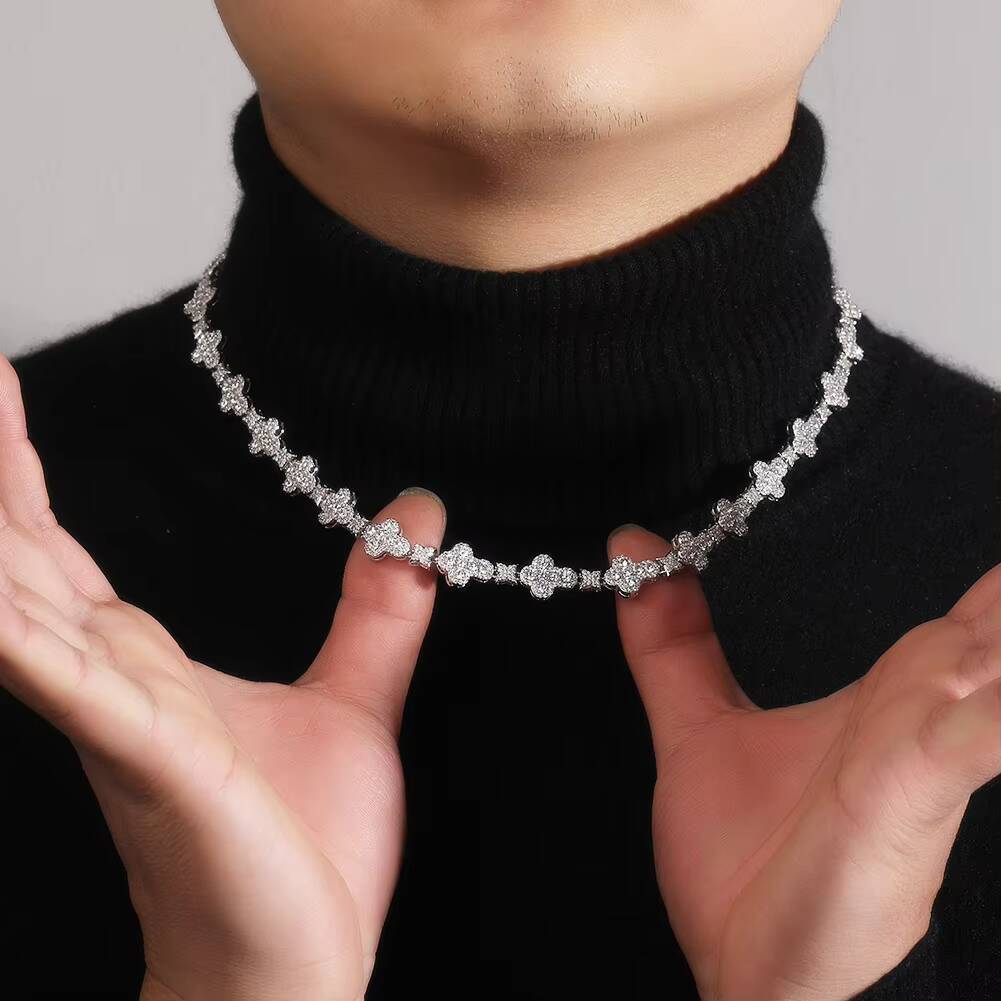Fashion Hip Hop Jewelry 20mm Rose Gold 925 Sterling Silver Colored Moissanite Diamond Four Leaf Clover Infinity Link Bracelet
