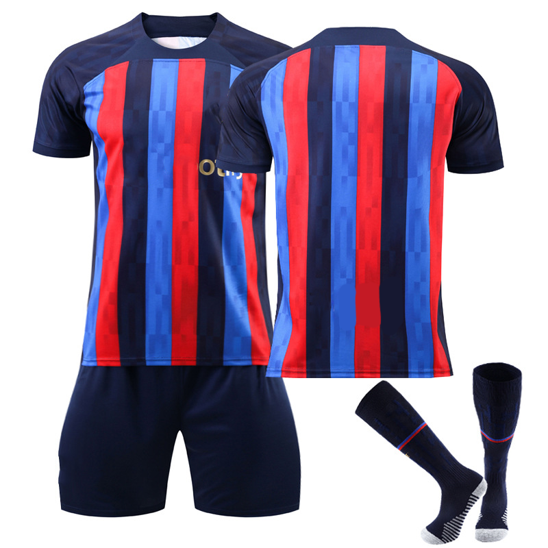 Men Spain Style Blue Red Soccer Jersey Set Quick Dry Football Uniform All Sizes