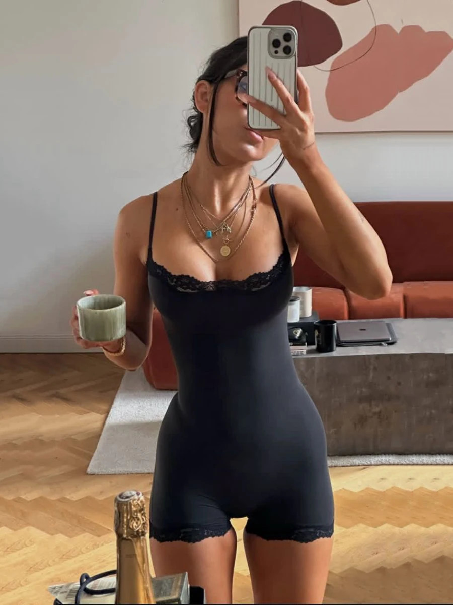 Lace Trim Slim Playsuits Woman High Elasticity Adjustable Strap Skinny Bodysuit Solid Fashion Streetwear Smooth One-piece Tops 260413