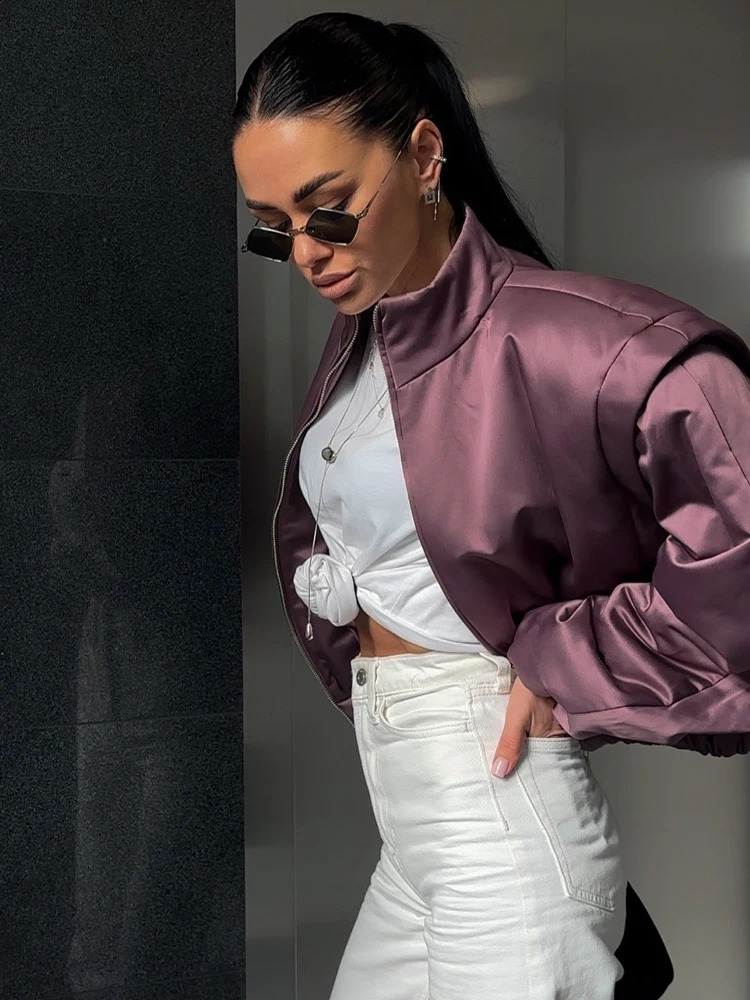 SLTNX Fashion Satin Bomber Jacket Women Mauve Puff Sleeve Cropped Zip Up Casual Outerwear 2026 Spring Lady Chic Street Coats 260414