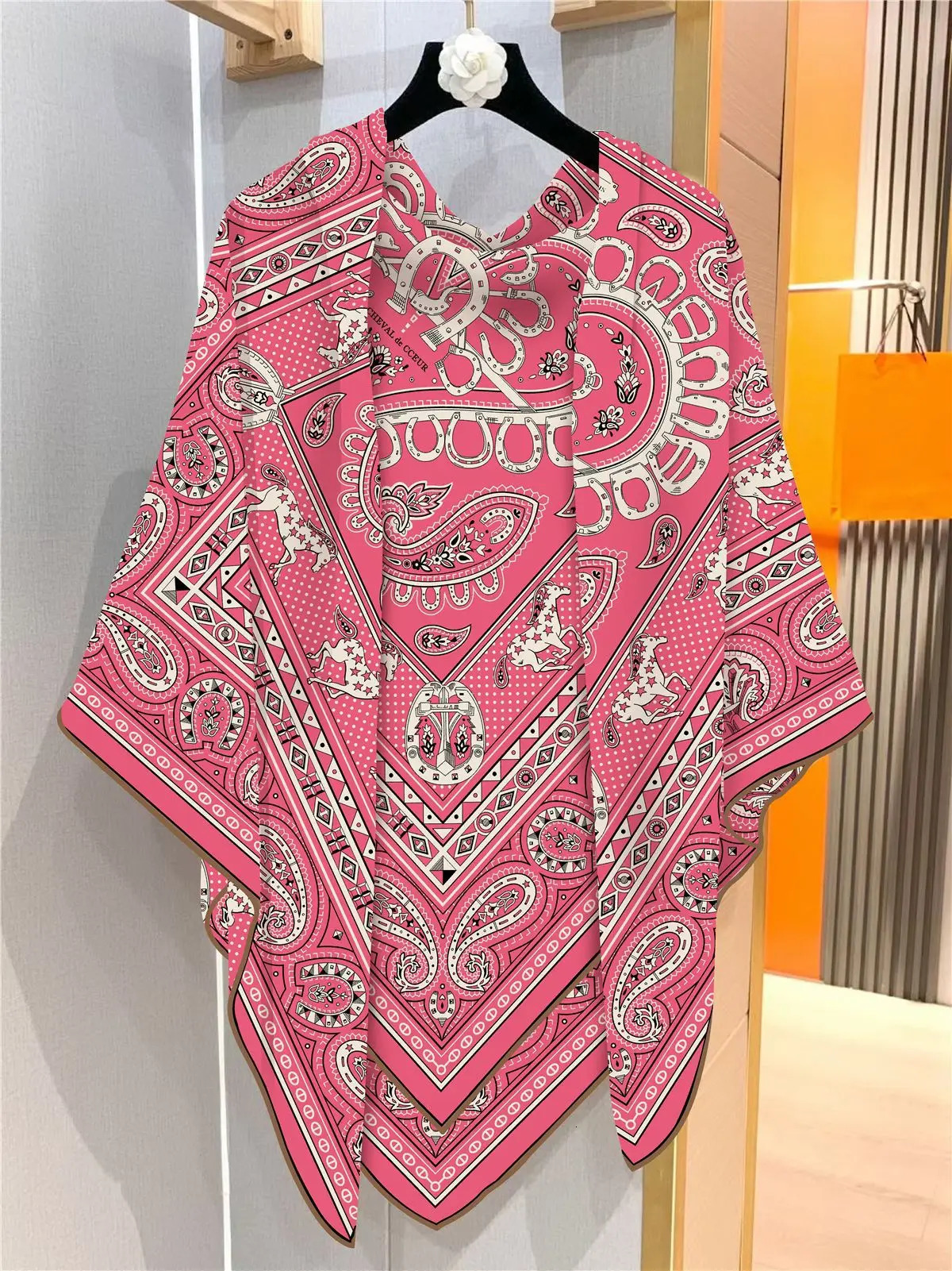 135CM Pink/Red Silk Cashmere Blend Square Scarf, Paisley Floral Pattern, Hand Rolled Edges, Large Cashmere Shawl 260413