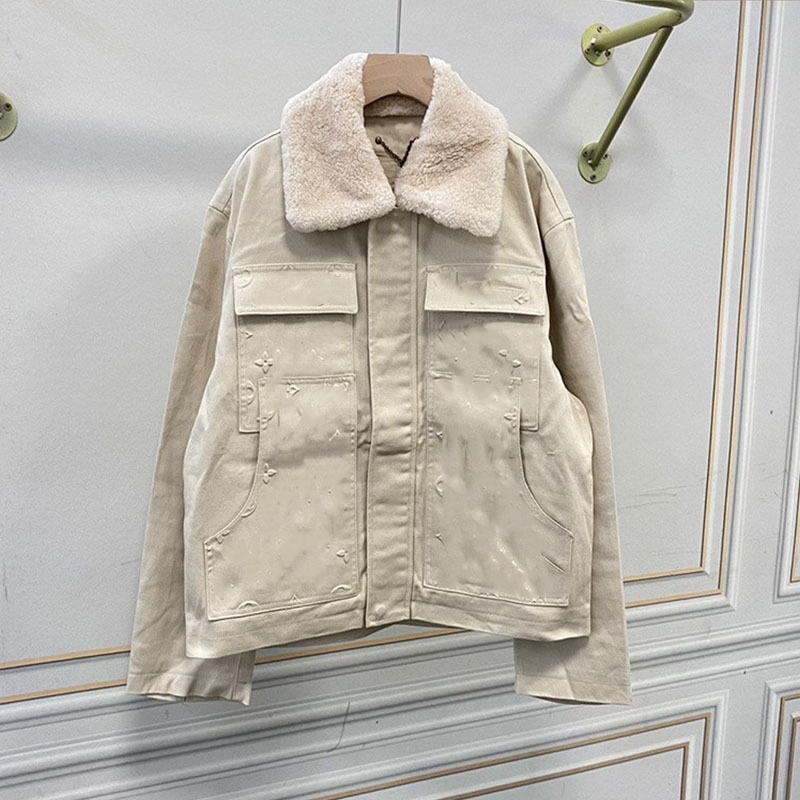 New style workwear jacket with embossed pockets detachable wool leather collar fashionable brand letter emblazoned unisex