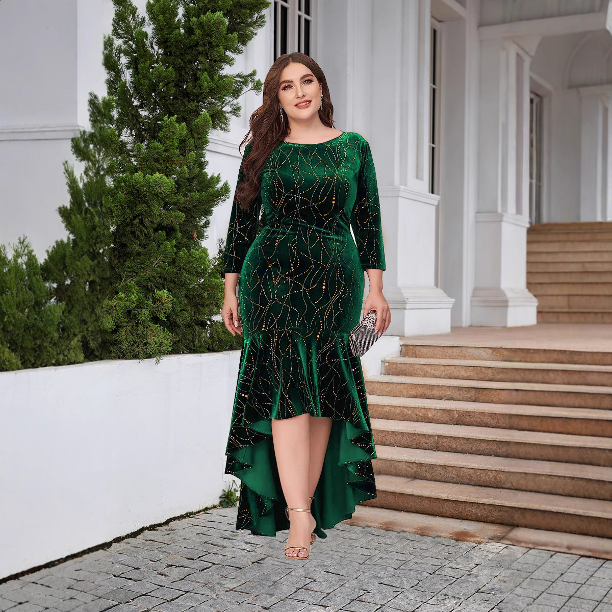 Sexy Womens Plus Size Evening Dress Green Round Neck Long Sleeve Glitter Sequins Mermaid Maxi Dress 2025 Vestidos de gala 241225