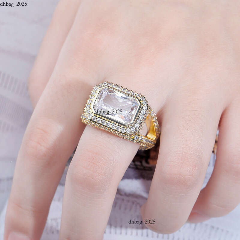 Jewelry Luxury Jewelry INS Hot Sale Large Square Diamond Hip Hop Full Moissanite Men and Women Trendy Real Gold Plated Ring