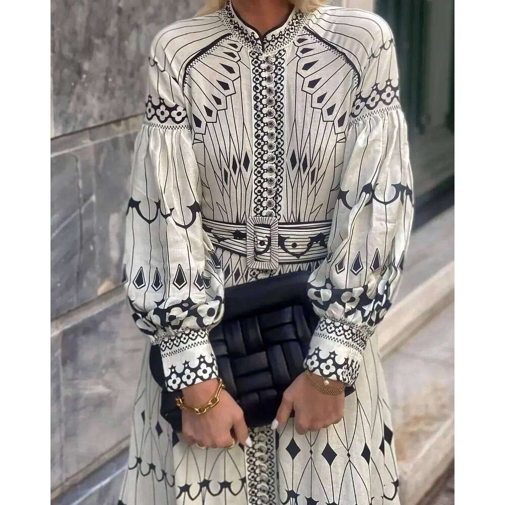 Retro Elegant Stand Collar Women Spring Pattern Print Belted Buckle Party Autumn Long Sleeve A Line Boho Dress MAKOUFEI