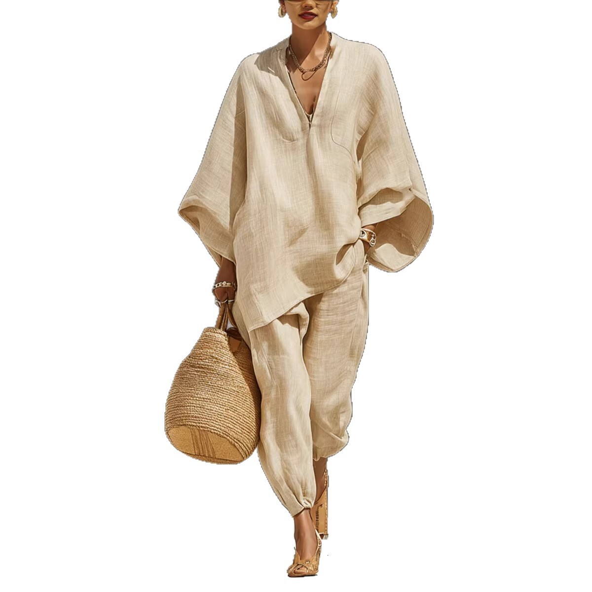 Luxury Brand Designer 2026 Spring Summer Women's Fashion Casual Loungewear Set Batwing Sleeve V-Neck Loose Comfy Beach Outfit Premium Elegant Str