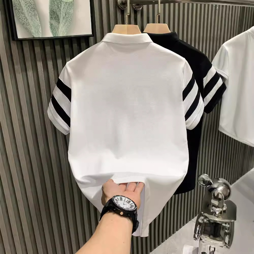 Black And White Striped Lapel Designer T-shirt Luxury Fashion Slim Fit Men's Business Short Sleeved Polo Shirt Outdoor Casual Trend Brand Versati