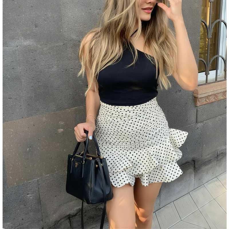 HXAO Polka Dot Skort For Women Ruffle Black Skirt Shorts Summer Pleats Mini Skirt Pants Woman Mid Waist Layered Green Skirt X260414