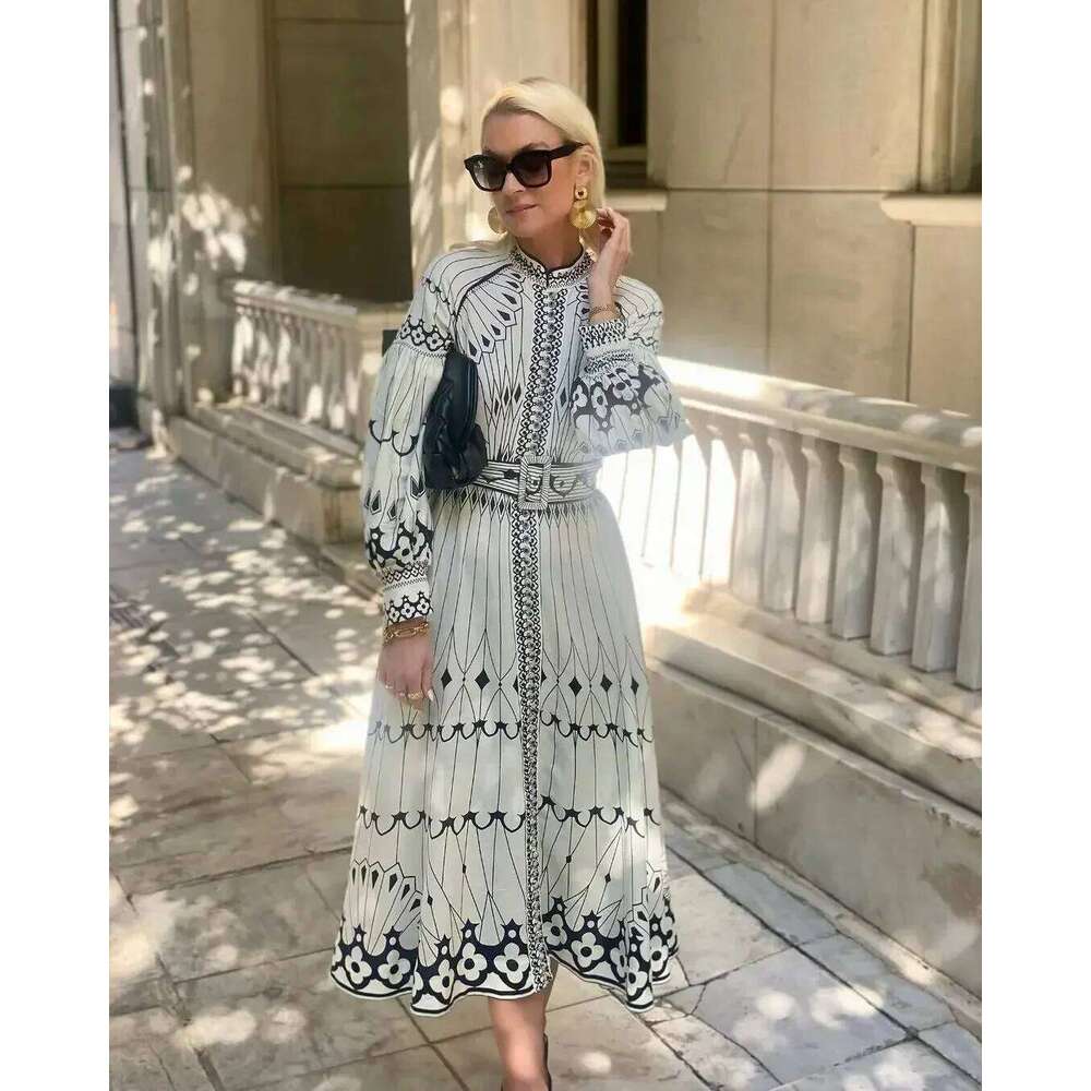 Retro Elegant Stand Collar Women Spring Pattern Print Belted Buckle Party Autumn Long Sleeve A Line Boho Dress MAKOUFEI