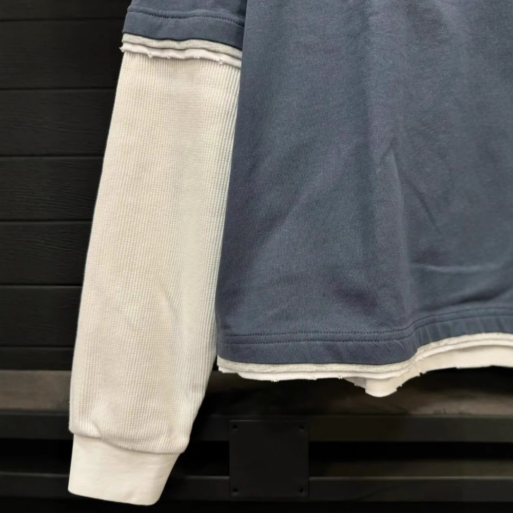 Men's T-Shirts Street Y2K Fashion Letter Printed Cotton Round Neck Double Layer Long Sleeve T-shirt Men Trendy Brand Casual Loose Oversized Top W