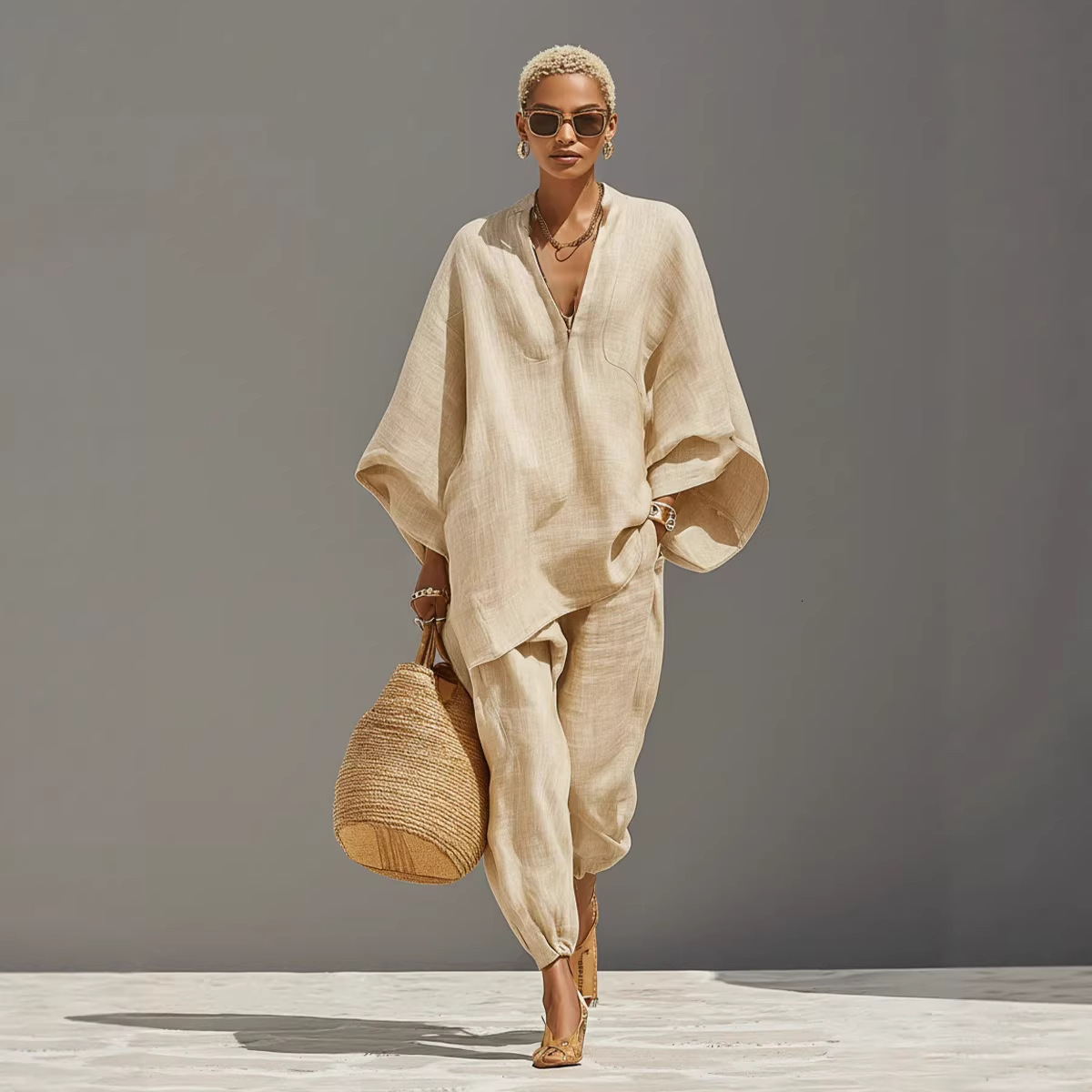 Luxury Brand Designer 2026 Spring Summer Women's Fashion Casual Loungewear Set Batwing Sleeve V-Neck Loose Comfy Beach Outfit Premium Elegant Str